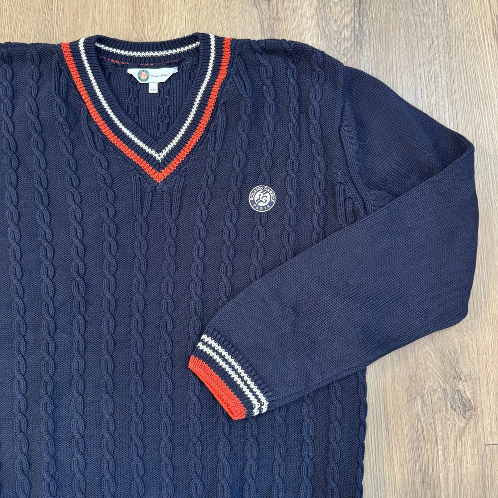 Roland Garros Paris Mens XXL Cable Knit V-Neck Tennis Sweater Wimbleton Preppy